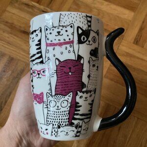 Cute many cats multi-colour coffe or tea cup mug with cat tail handle